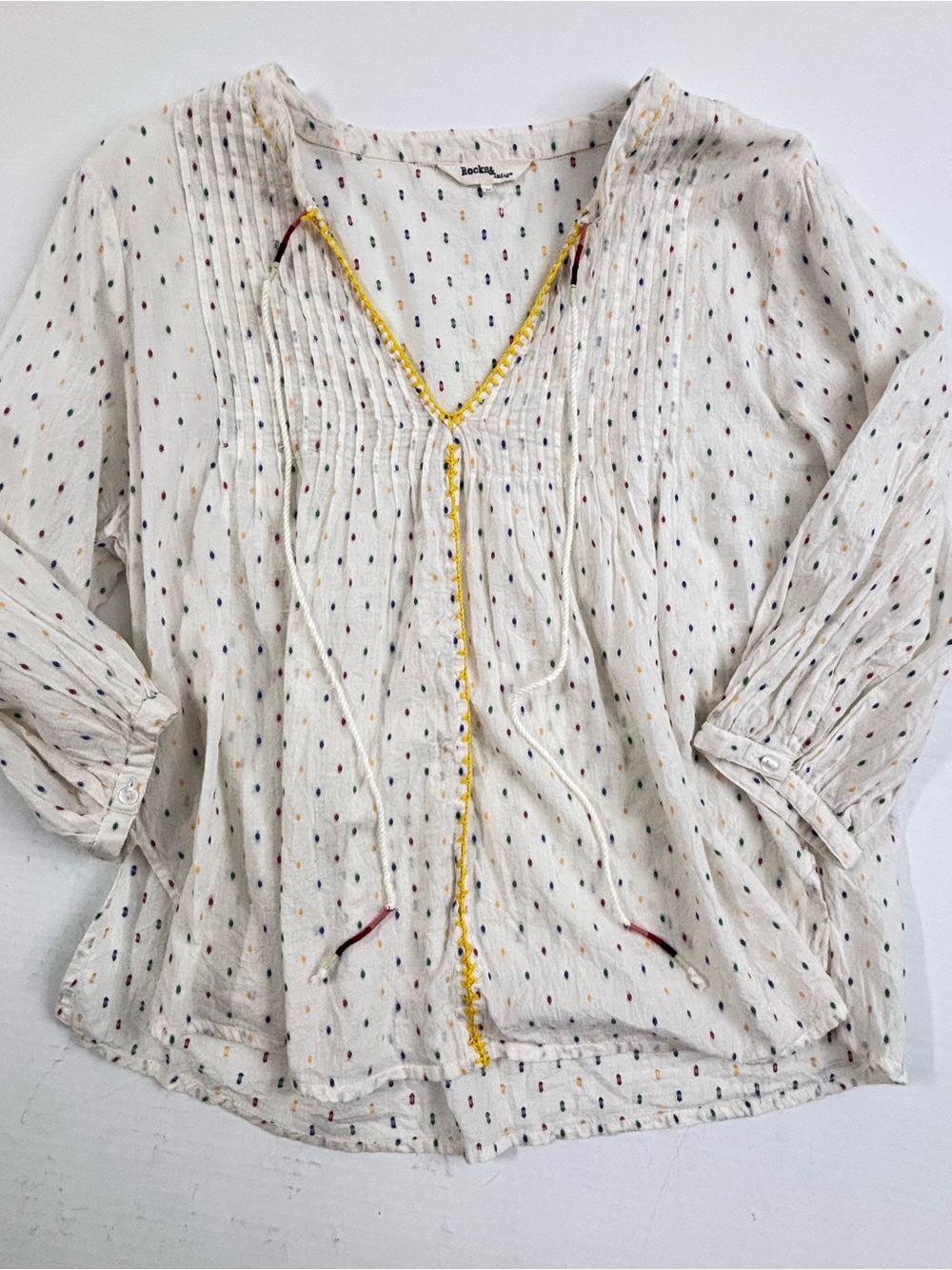 Boho V-Neck Cream Embroidered Lightweight Peasant Top Colorful Dots
